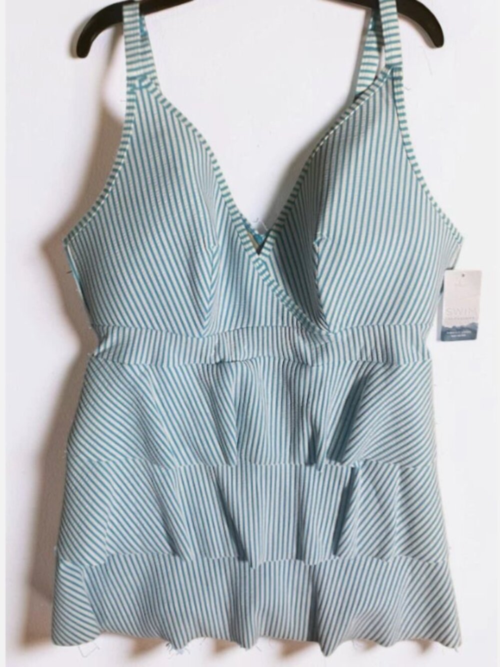 NWT Cacique Swim Top Plus Size 16 Tankini Seersucker Ruffle swim wear striped